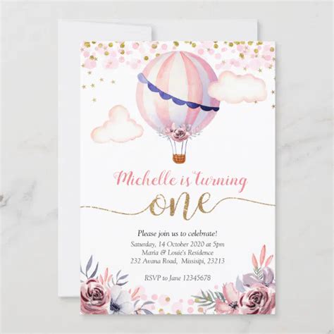 Gold Pink Hot Air Balloon Girl First Birthday Invitation Zazzle