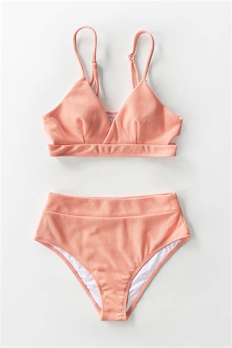 Peachy Orange Ribbed Cutout High Waisted Bikini