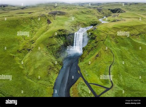Aerial Drone View Of Skogafoss Waterfall In Iceland One Of The Most