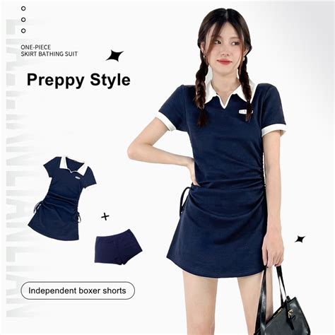 One Piece Bikini Shirring Patchwork Design Swimsuit Beach Outfit Korean Cute Girl Ulzzang Style