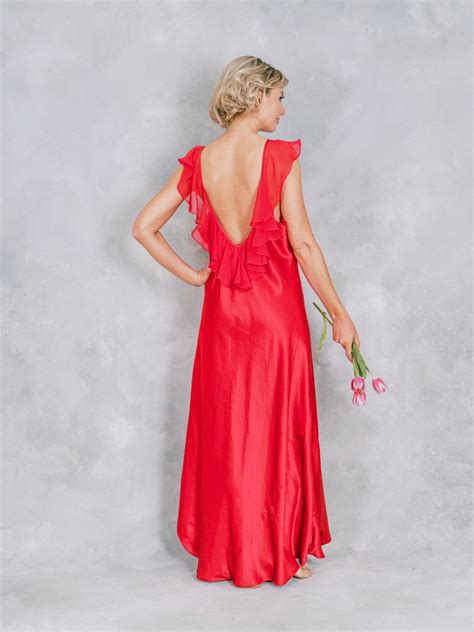 Clothing Vintage S Red Plunging Back Satin Ruffle Lingerie Bridal Boudoir Nightgown Slip Maxi