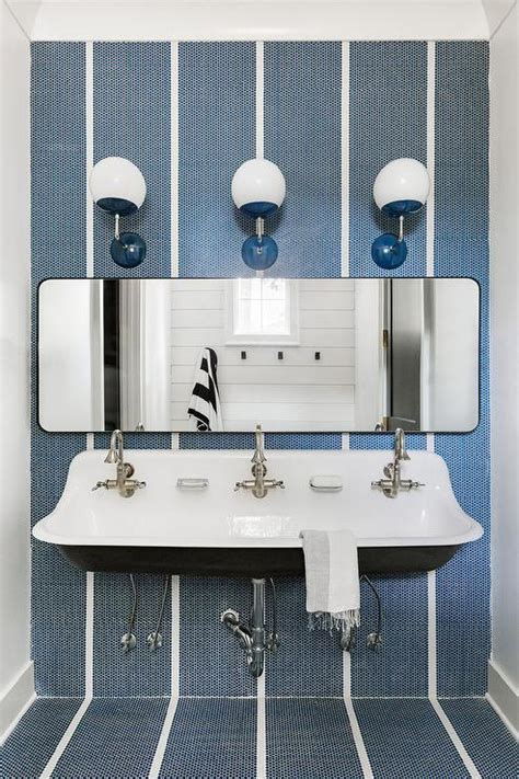 White And Blue Striped Hexagon Tiles Transitional Bathroom