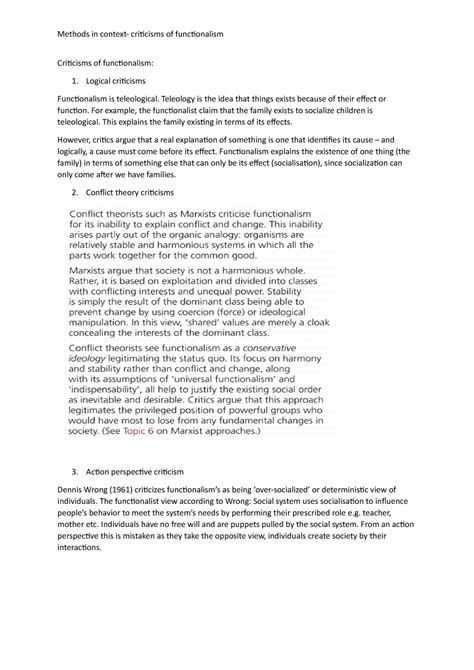 Criticisms of functionalism - Methods in context- criticisms of