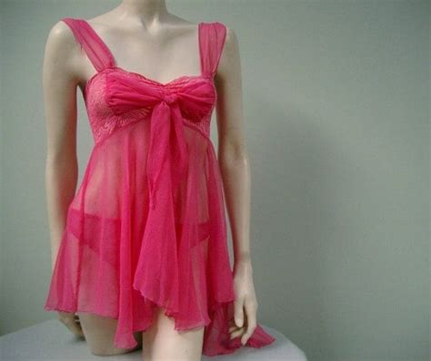 Vintage Victorias Secret Sheer Babydoll Nighty Hot Pink