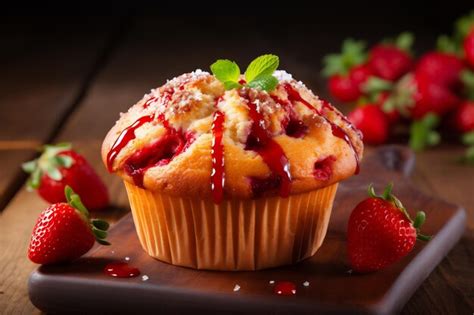 Premium Ai Image Freshly Baked Strawberry Muffin