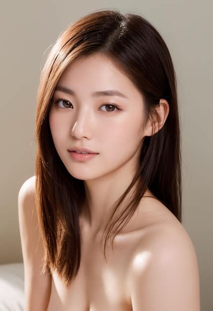 Portrait Of A Beautiful Nude Japanese Woman With Straight Dark Shoulderlength Hair Minimal