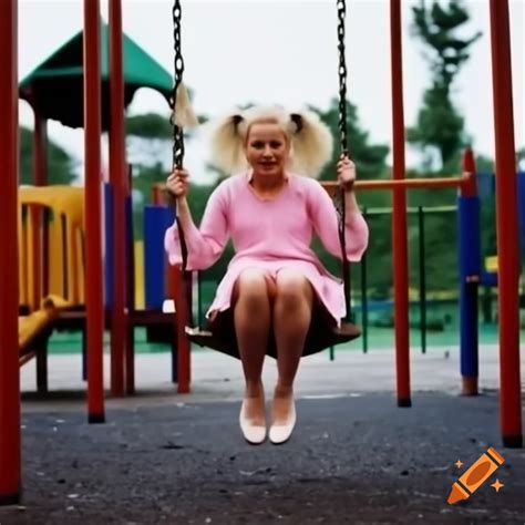 Tall Woman With Blonde Pigtails Swinging In Playground Wearing A Pink Dress On Craiyon