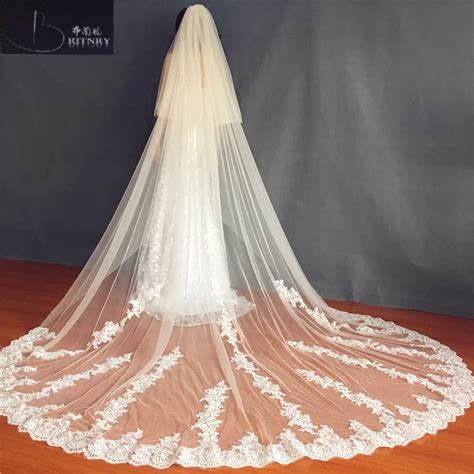 3meter Light Champagne Ivory Cathedral Wedding Veils Long Lace Edge Bridal Veil With Comb