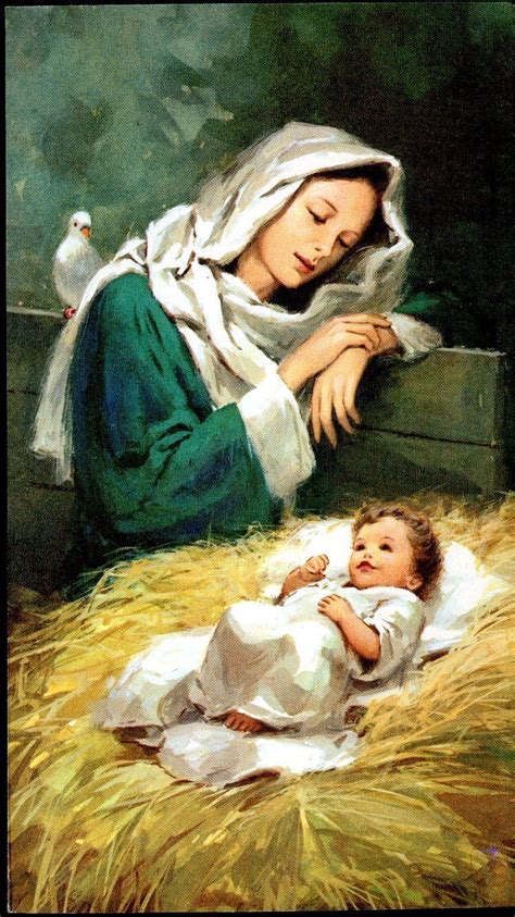 Vintage Christmas Card Mother Mary And Baby Jesus In Manger Religious