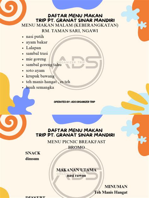 daftar menu makan trip pt granat sinar mandiri
