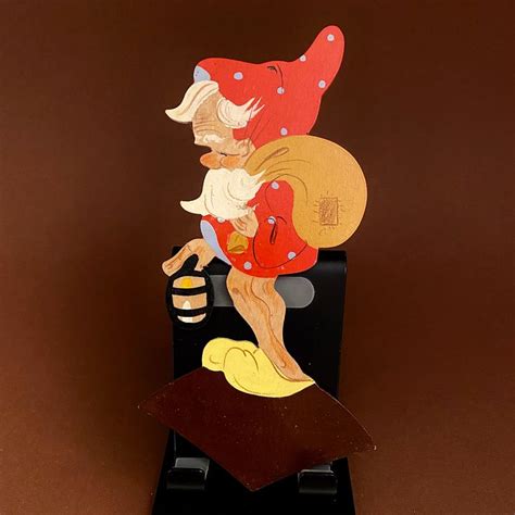 1950er RAVI Kunst Kleiner Laternen Zwerg Kinder Wand Figur Holz Bild