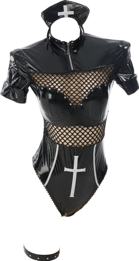 MEOWCOS Bodysuit For Women Sexy Nurse Uniform Gothic Lingerie Set Mesh Cross Bodysuit Cosplay