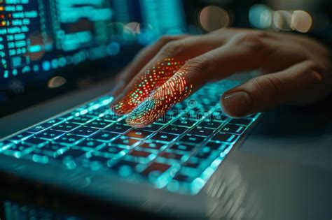 Hand Interacting With A Glowing Keyboard And Digital Data Overlay Stock