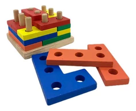 Juego Didactico Torre Geometrica Encastre Madera Colores En Venta En