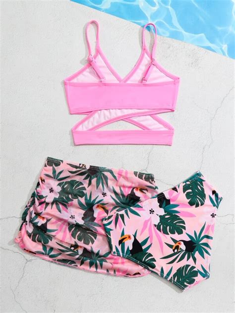 Ni As Ba Ador Bikini Cruzado Con Estampado Tropical Con Falda De Playa Moda De Mujer Shein