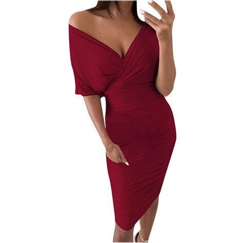 Women Sexy Elegant Short Sleeve Crossover Deep V Neck Bodycon Dress