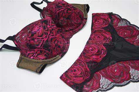 Lingerie Lace Set Pink With Black Bra And Panties On A White Background Fashionable Women S