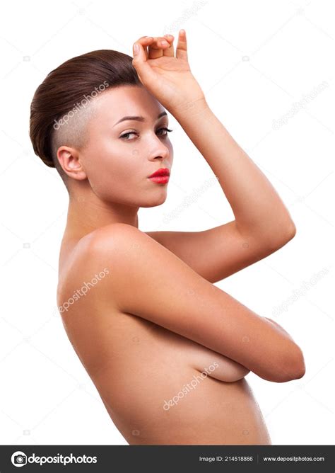 Nude Female Model Professional Makeup Hairstyle Posing White Background Stock Photo