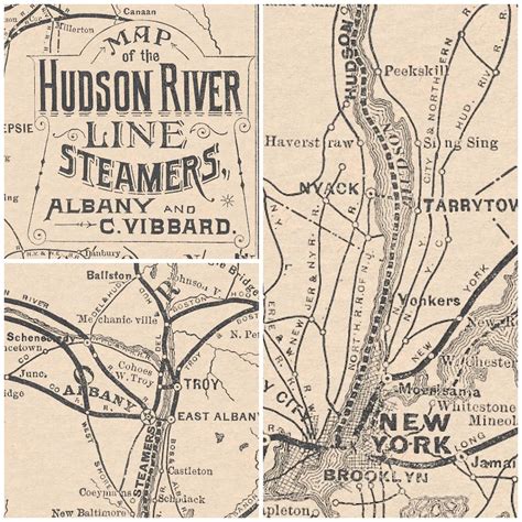 Hudson Valley - Vintage Map (1883) of Upstate New York's Steamboat and