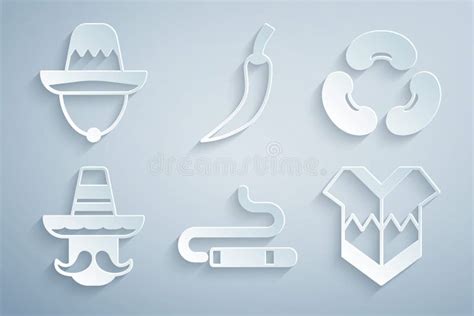 Set Cigar Beans Mexican Man Sombrero Poncho Hot Chili Pepper Pod And Icon Vector Stock