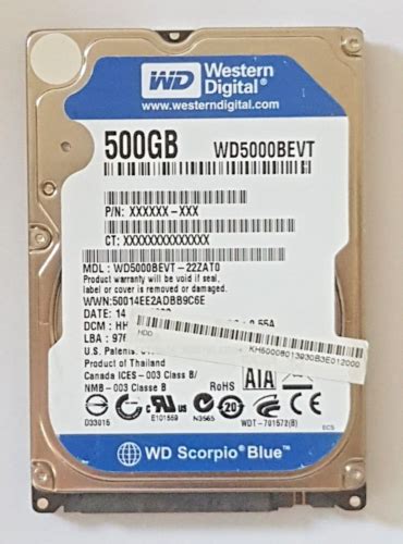 500GB SATA Western Digital WD5000BEVT-22ZAT0 5400RPM 8MB HDD 2.5" HARD ...