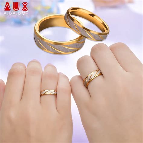 Auxauxme Titanium Steel Lovers Couple Rings Gold Wave Pattern Wedding