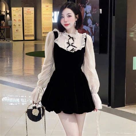 váy nữ sang chảnh đầm nữ dễ thương váy nhung cổ bèo thu đông gơn phố sành điệu xịn sò hot trend