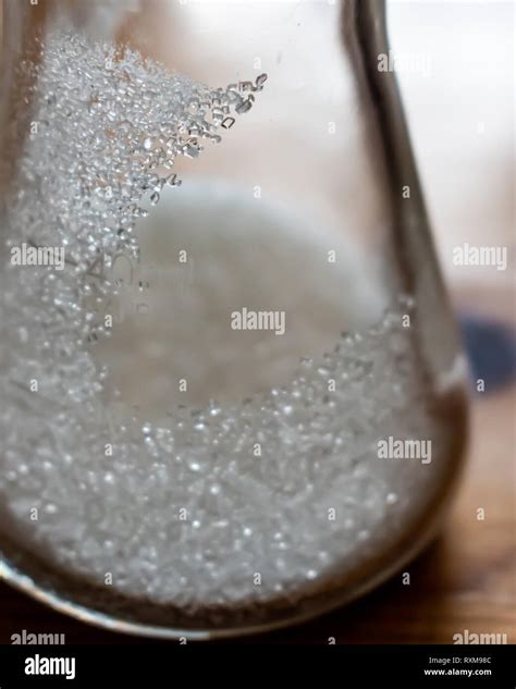 erlenmeyer flask with table sugar crystals inside. Some crystals cling ...