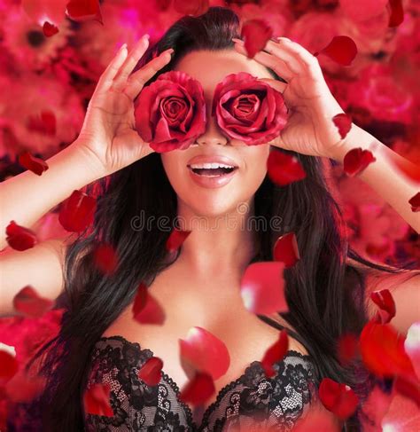 Sensual Lady Holding Red Roses Stock Photo Image Of Boobs Nude 91282482
