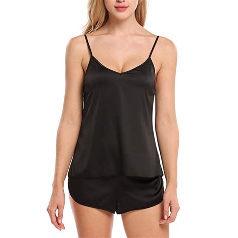 Sexy Lingerie Set Womens Babydolls Sleepwear Sleeveless Strap Nightwear Solid Color Satin Cami