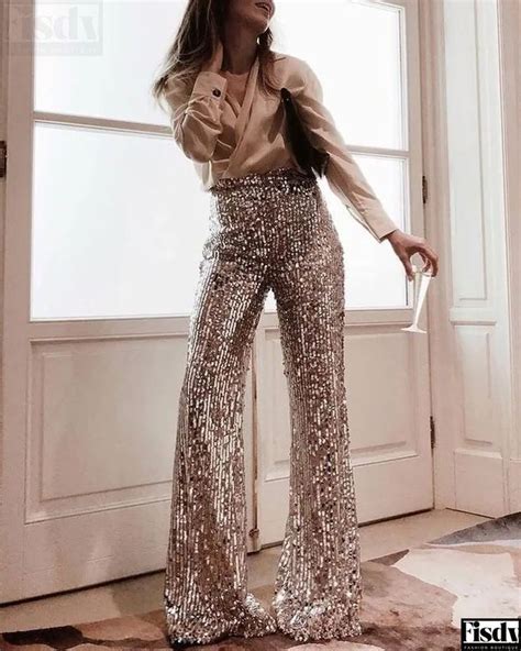 High Waisted Sequined Flared Trousers Sequin Pant Sequins Pants