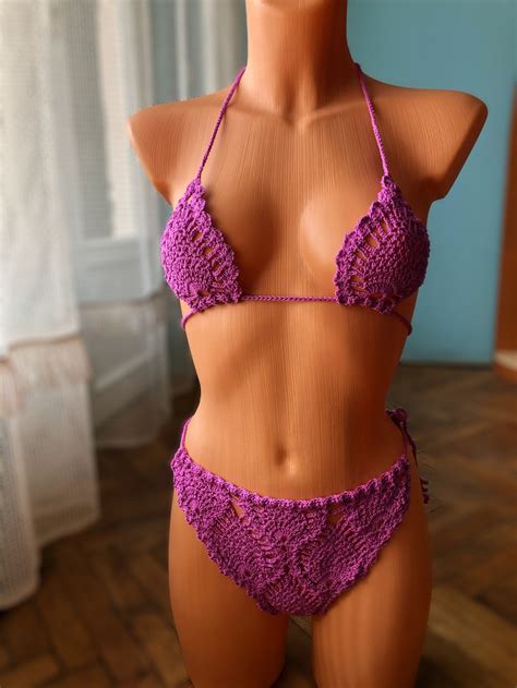 Sexy Crochet Bikini Set Pieces Knitted Swimsuit With Thong Bottoms Etsy