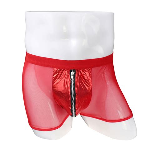 Sexy Faux Leather Splice Mesh Transparent Zippers Boxer Thong Underwear Panties Lingerie For Men