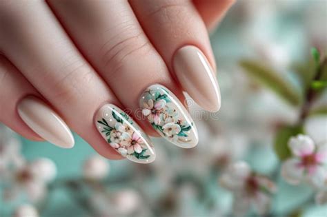 Female Hands With Beautiful Spring Blooming Flowers Nail Design On Long Nude Color Nails Woman