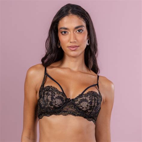 Sutiã Meia Taça Renda Strappy Preto e douradoGiulia Taffner Lingerie Sutiãs calcinhas e