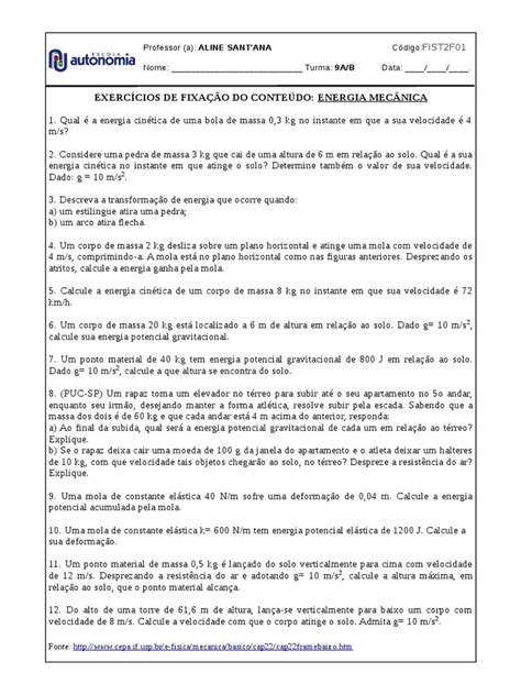 Exercícios sobre energia mecânica envolvendo energia cinética ...