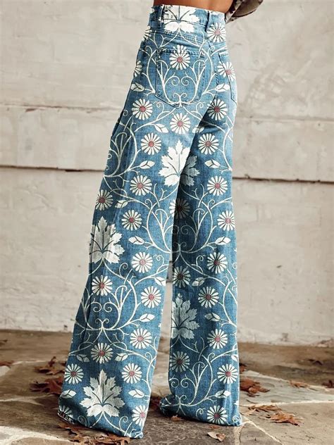 Womens Vintage Print Casual Wide Leg Pants