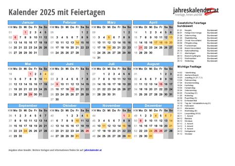 KALENDER 2025 Österreich - Feiertage und Schulferien