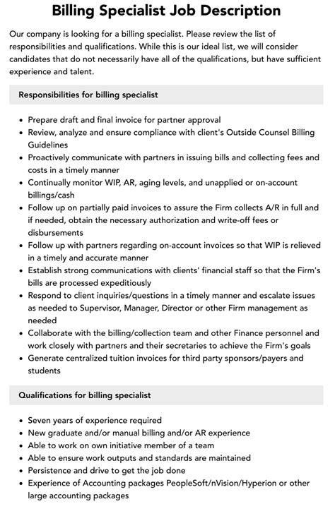 Billing Specialist Job Description Velvet Jobs