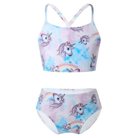 Inlzdz Enfant Fille Maillot de Bain 2 Pièces Imprimé Licorne Tankini Bikini Plage Piscine 2 10