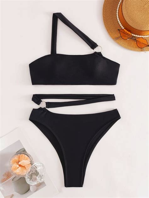 Women S Swimsuit Pcs Set Solid Color One Shoulder Bikini Top With Metallic Ornament And Bottom