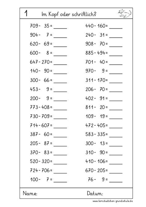 im Kopf oder schriftlich Subtraktion pdf Lernstübchen