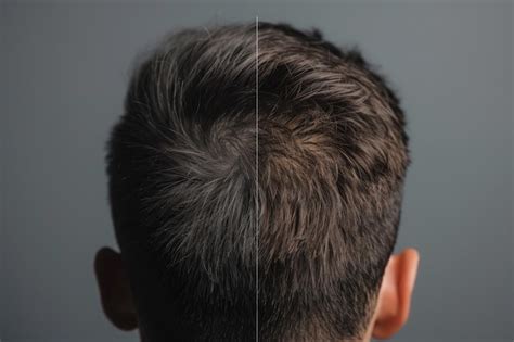 Before and after comparison image showing the back of a mans scalp after a hair transplant ...