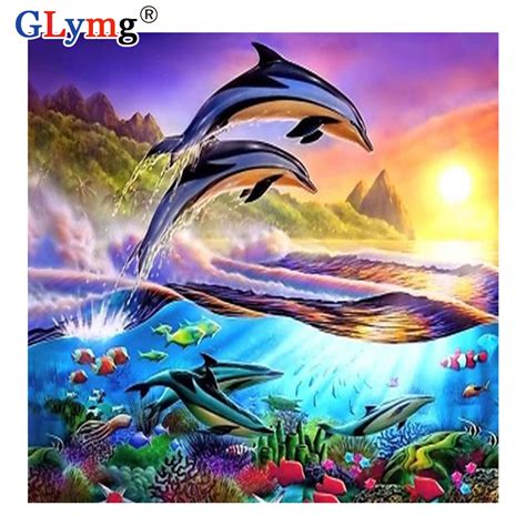 Glymg Full Drill Diamond Painting Dolphin Ocean Cross Stitch 5d Diy