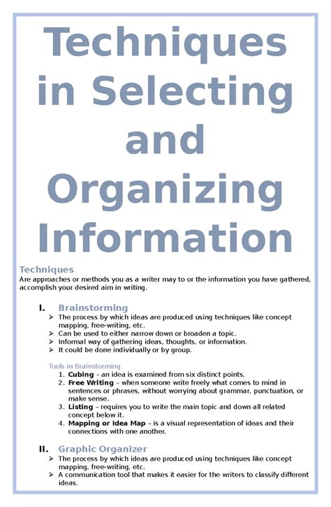 techniques  selecting  organizing information techniques
