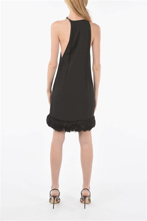 Saint Laurent Feathered Bottom Satin Halter Dress Women Glamood Outlet