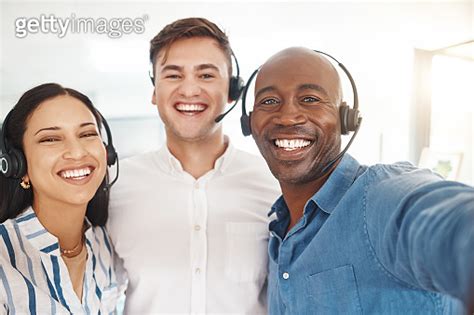 Selfie Support Consultant And Call Center People On Phone Smile For