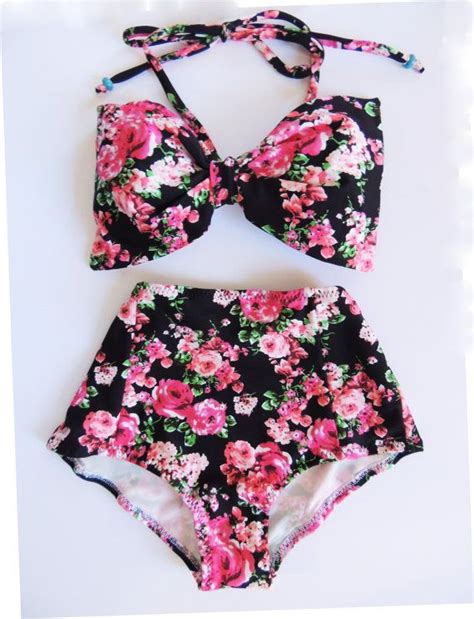 Bow Bikini High Waist Vintage Pink Black Floral Roses Bandeau Etsy Australia Floral Bathing
