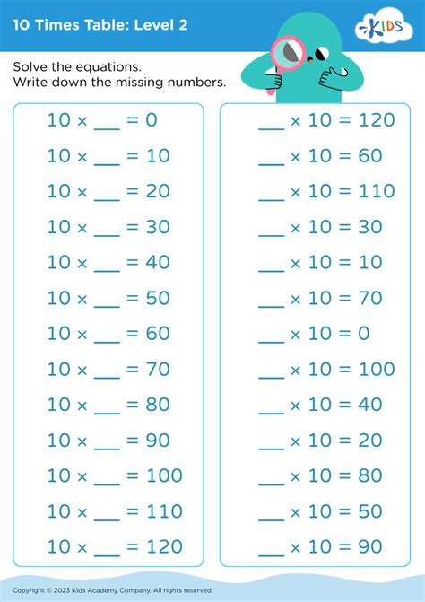 Free 10 Times Table Level 2 Worksheet For Kids