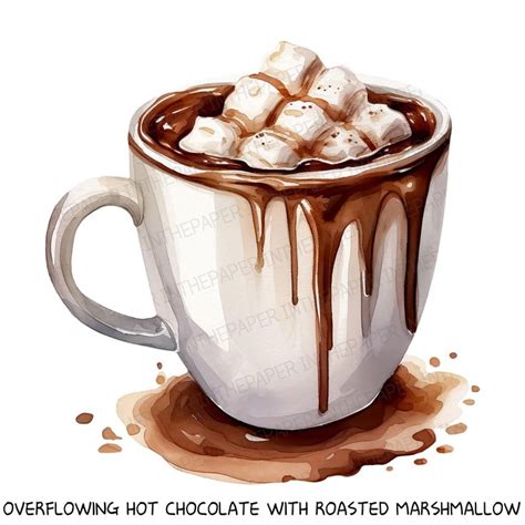 Overflowing Hot Chocolate With Roasted Marshmallow Watercolor Illustration